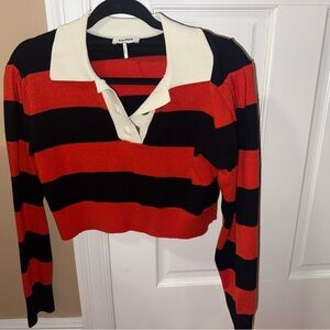 Sandro Red and Black Striped Polo with White Collar